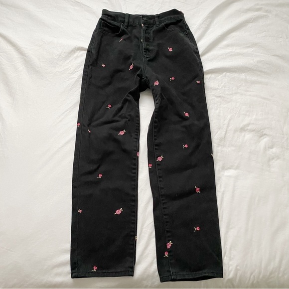 PacSun Rose Embroidered Black High Waisted Straight Leg Jeans - Picture 5 of 13